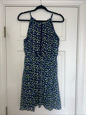 miami Navy Floral Halter Mini Dress with Green & White Accents